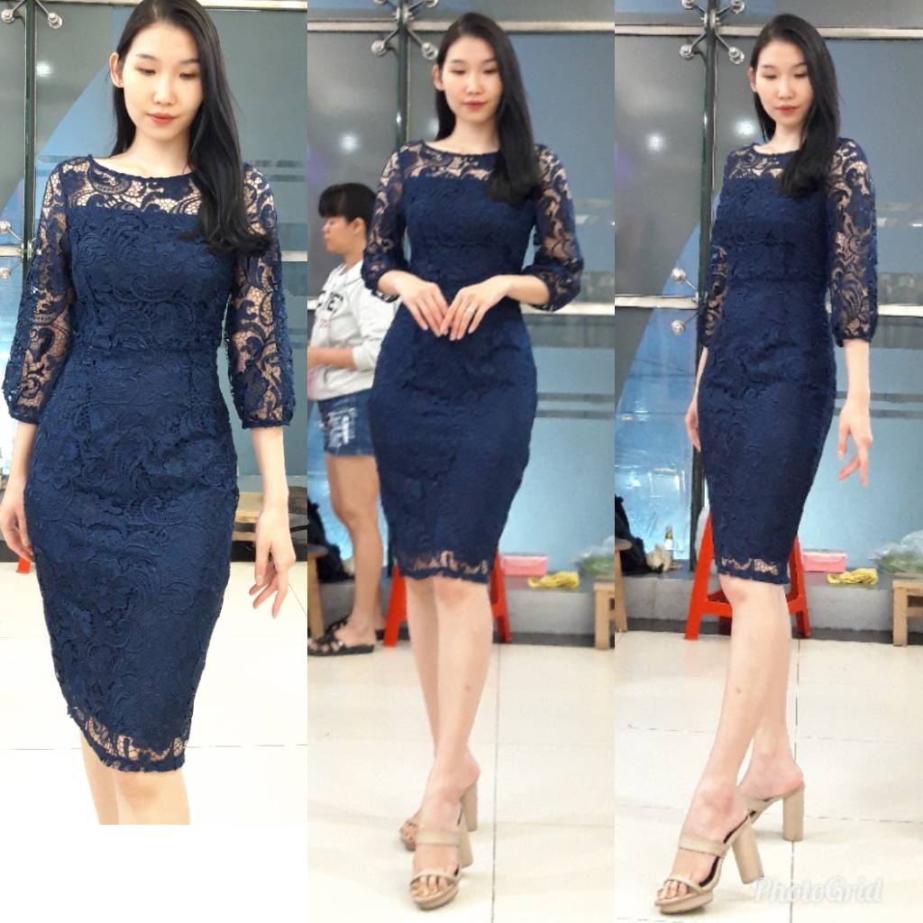 ชุดเดรสสั้นออกงานลูกไม้สีน้ำเงินกรมท่า ทรงเข้ารูป แขนยาว