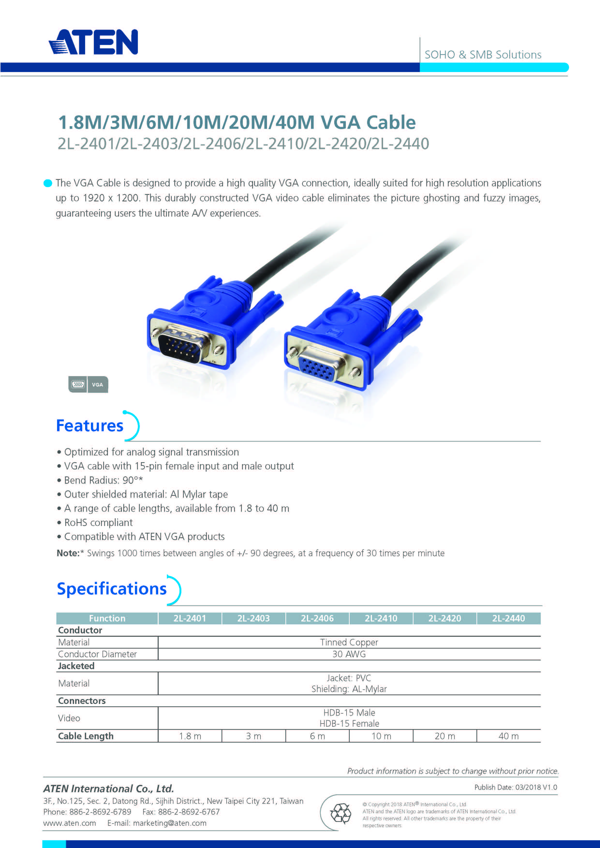ATEN รุ่น 2L-2420 VGA CABLE M/F Connector 20M