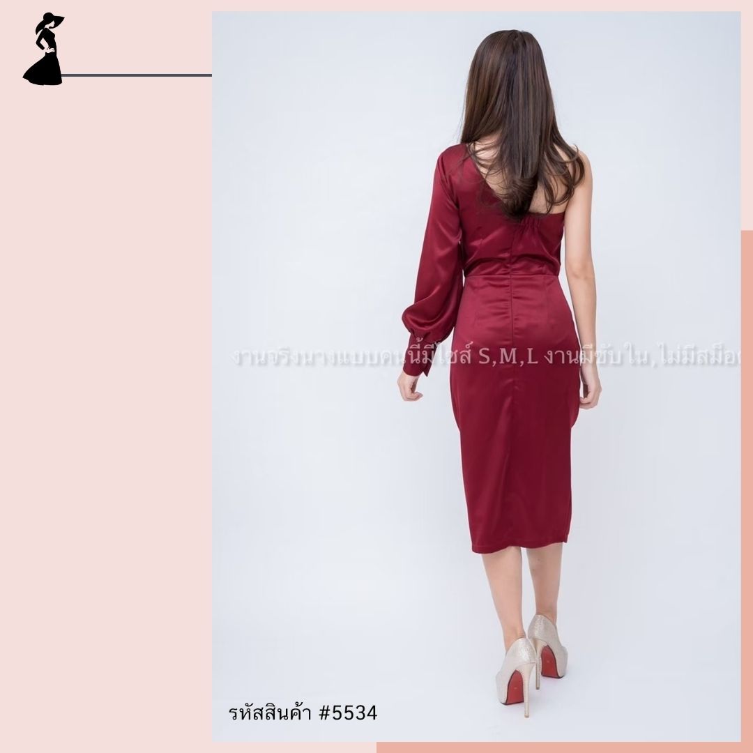 ชุดราตรี ชุดออกงาน ชุดไปงานแต่งงานสีแดง ไหล่เฉียงข้างแขนยาว ทรงเข้ารูป แนวเรียบหรู สวย ดูดี