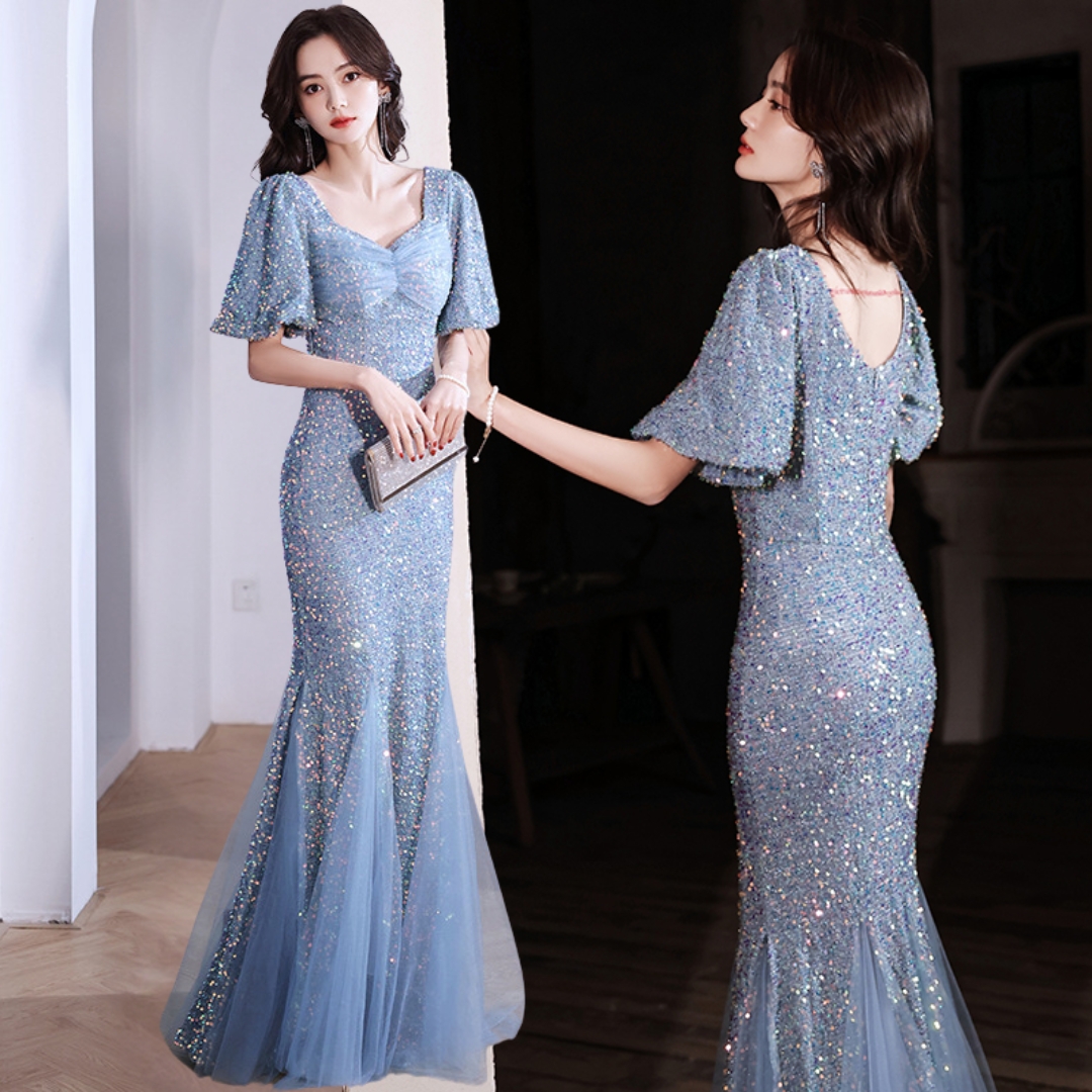 ชุดราตรียาวสีฟ้า สวยเรียบหรูดูแพง ใส่งานกลางวัน กลางคืน งานแต่งงาน