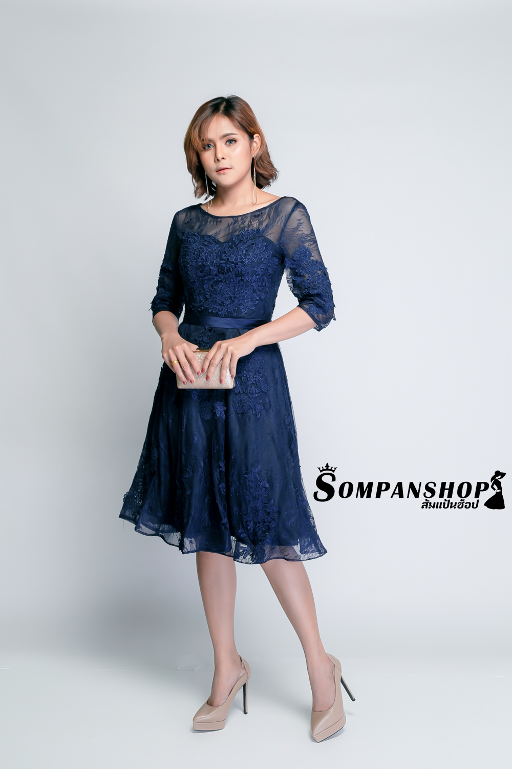 ชุดเดรสออกงานราตรีสั้นสีน้ำเงินกรมท่า ผ้าลูกไม้