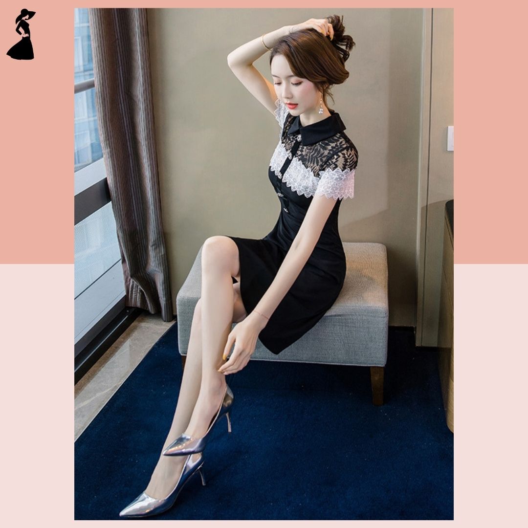 ชุดเดรสสั้นสีดำ แต่งลูกไม้ แนวเรียบร้อย สวยสุภาพ ใส่ทำงาน