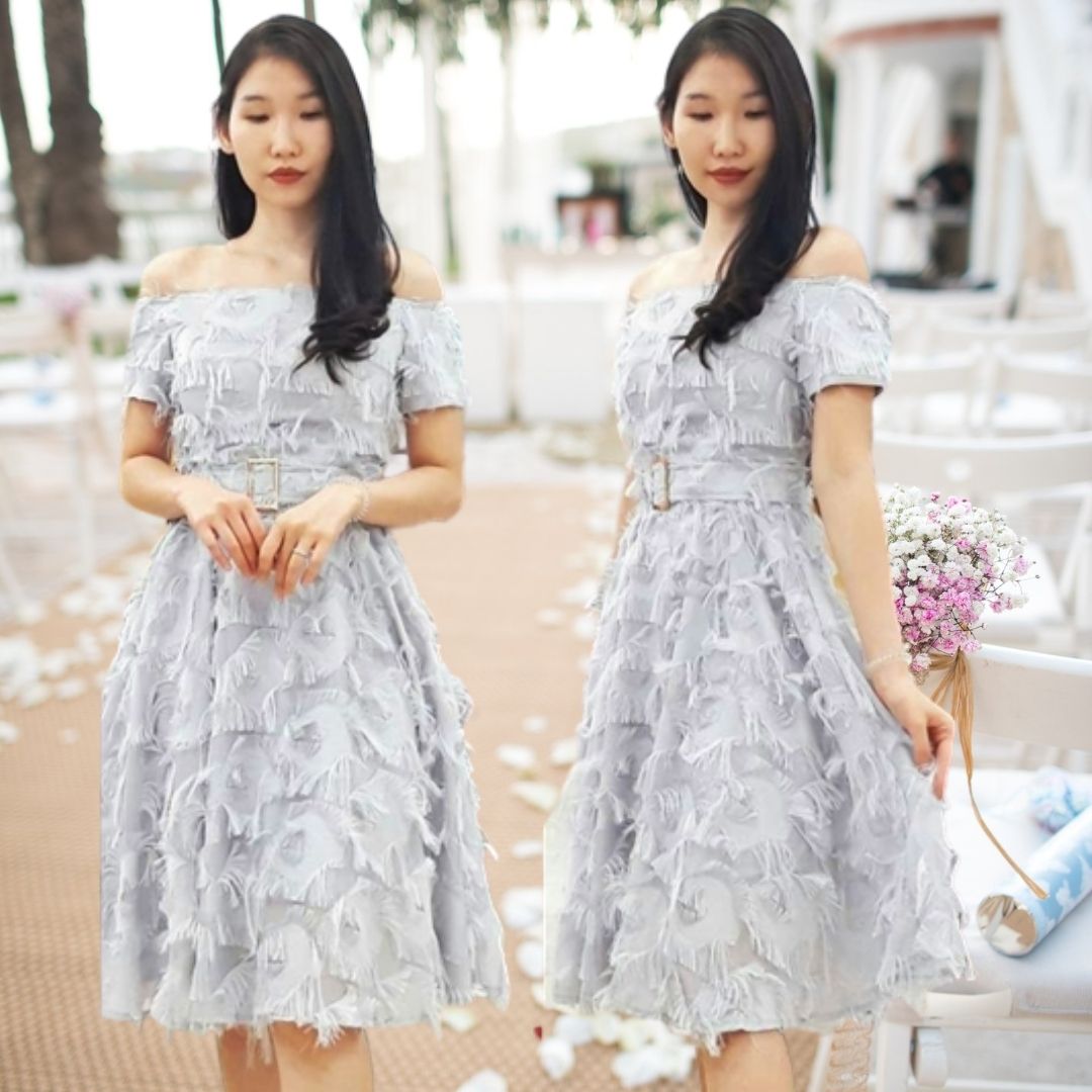 ชุดออกงานสีเทา ปาดไหล่ แขนสั้น กระโปรงสั้นทรงบาน ผ้าขน แถมเข็มขัด