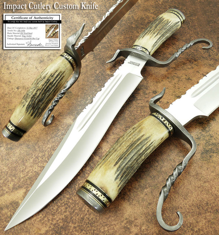 IMPACT CUTLERY RARE CUSTOM 1 OF A KIND BOWIE KNIFE STAG ANTLER DAMASCUS GUARD