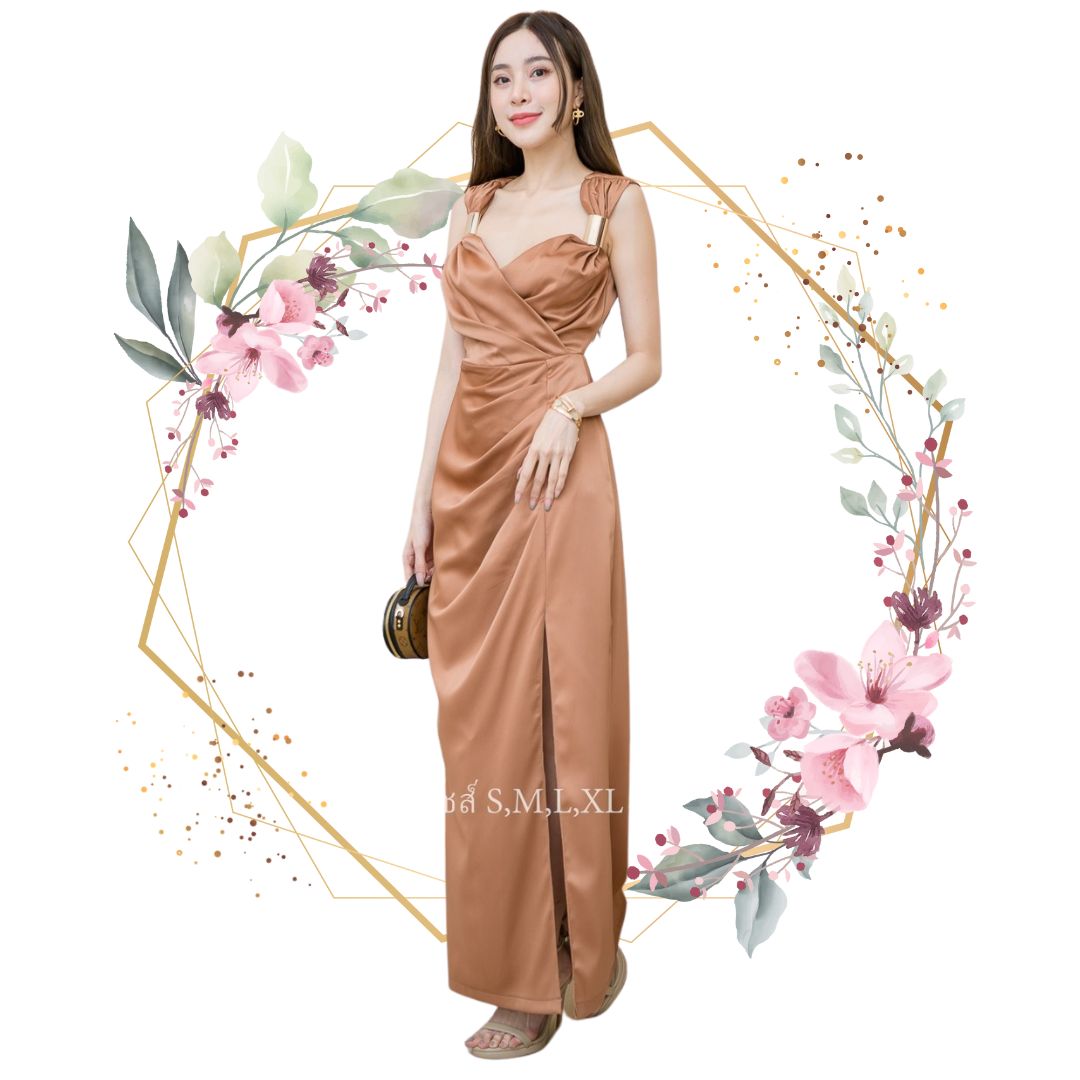 ชุดราตรียาวสีน้ำตาลทอง ไหล่แต่งเหล็ก แขนกุด แนวเรียบหรู สวยดูแพง ใส่ออกงานราตรี งานแต่งงานกลางคืน