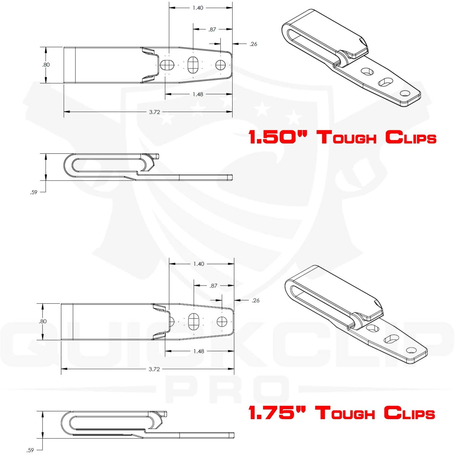 Quick Clip Pro Holster Tough Grip Clips, 3 Hole Adjustable Cant for IWB OWB Kydex, Leather, Hybrid Holster Making. Tuckable Black Plastic w/Chicago Screw Hardware Made in USA