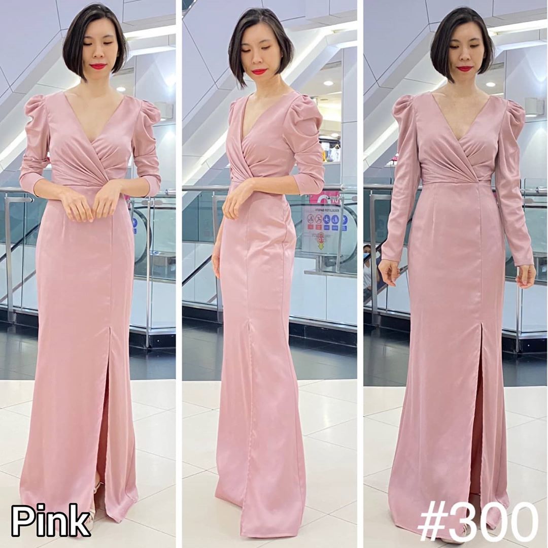 ชุดราตรียาวสีชมพู คอวี แขนยาว กระโปรงยาวผ่าหน้า แนวเรียบหรูดูหรู ใส่ออกงาน/ไปงานแต่งงาน
