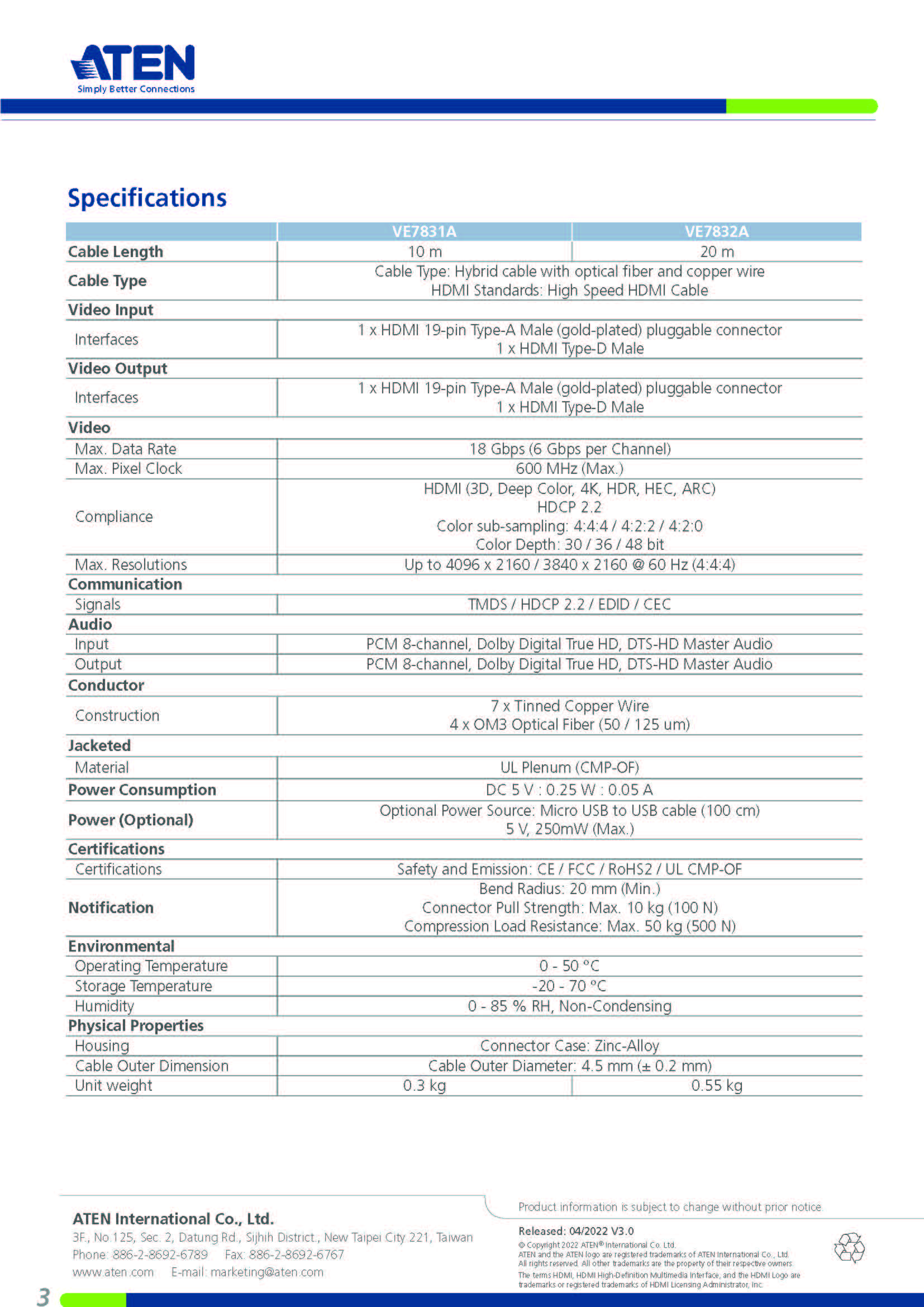 ATEN : VE7831A 10M True 4K HDMI Active Optical Cable (True 4K@10m) ความยาว 10 เมตร