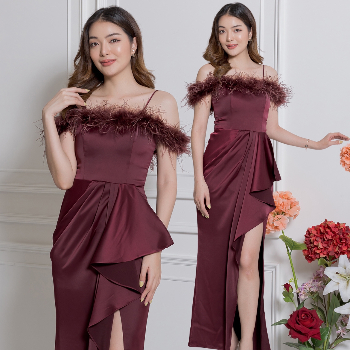 ชุดราตรียาวสีแดงไวน์ ทรงปาดไหล่ แต่งขนนก หมาะสำหรับใส่เป็นชุดราตรี ชุดไปงานแต่งงาน ชุดเพื่อนเจ้าสาว ชุดไปงานเลี้ยงต่างๆ