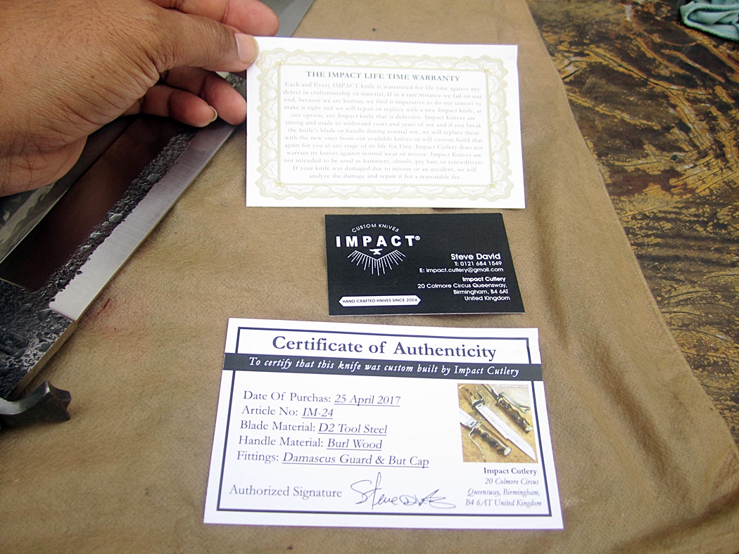 มีด เหล็ก D2 IMPACT CUTLERY RARE CUSTOM HAMMERED D2 ART BOWIE KNIFE BURL WOOD DAMASCUS GUARD UK