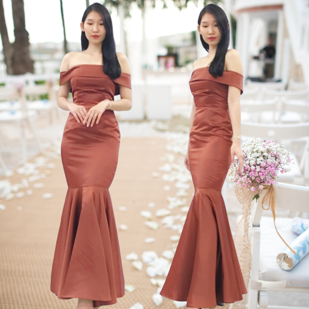 ชุดออกงานราตรีสั้นสีน้ำตาล /ชุดไปงานแต่งงานสีน้ำตาล เปิดไหล่ ทรงเข้ารูป กระโปรงยาวหางปลา