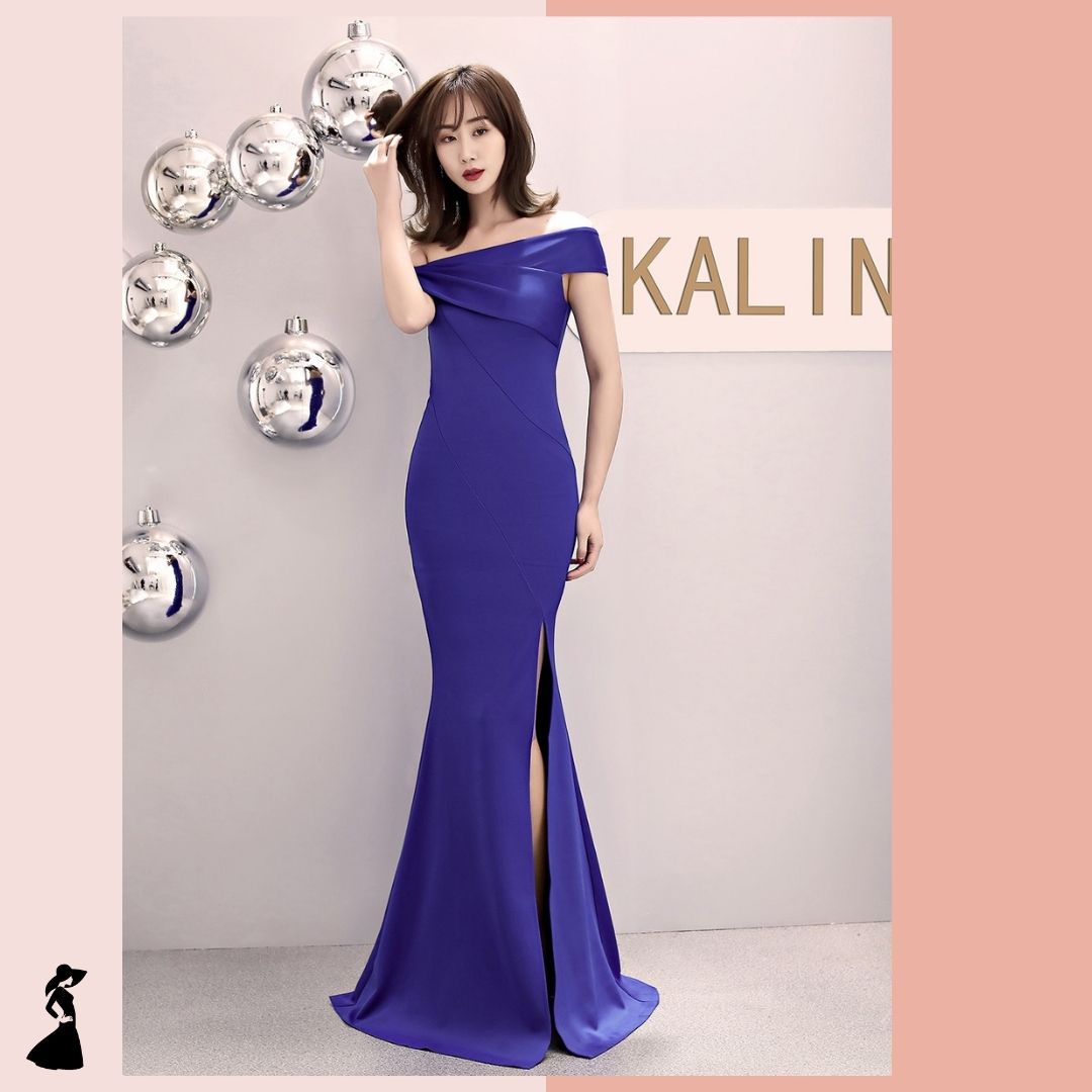 ชุดราตรี ชุดออกงาน ชุดไปงานแต่งงานสีน้ำเงินกรมท่า เดรสยาวทรงเปิดไหล่ แนวเรียบหรู สวยหรู ดูดี