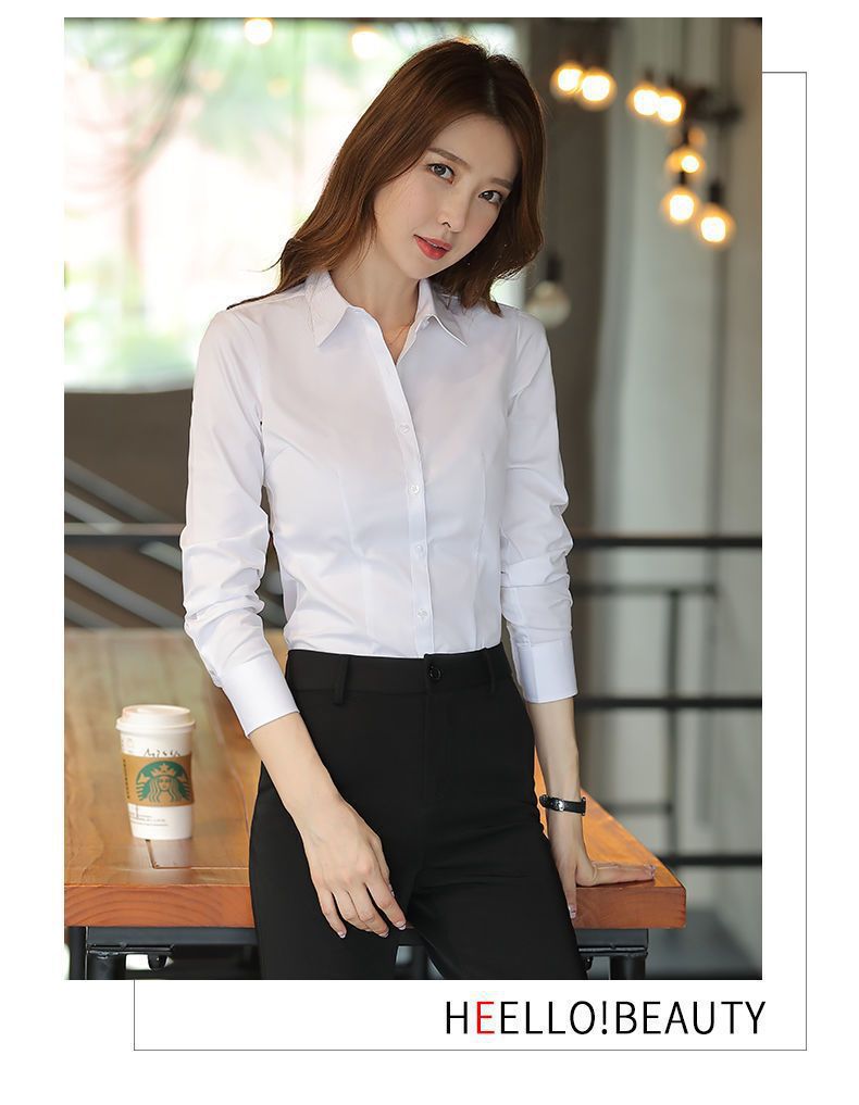 เสื้อเชิ้ตทำงานผู้หญิงสีขาว เสื้อเชิ้ตคอปก แขนยาว กระดุมหน้า ผ้าชีฟอง ใส่ทำงานได้