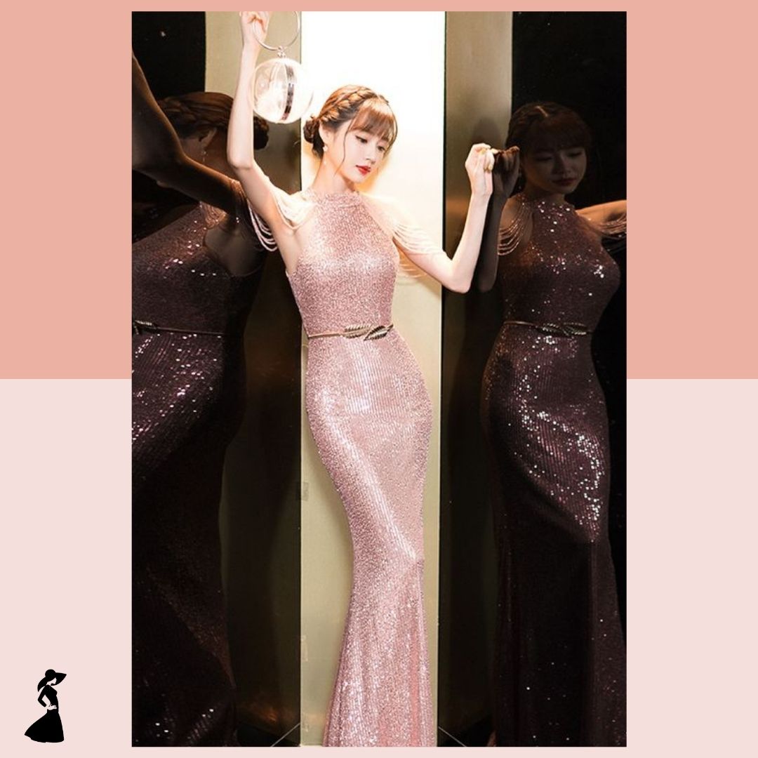 ชุดราตรี ชุดออกงาน ชุดไปงานแต่งงานสีชมพู เดรสยาวเว้าไหล่แต่งลูกปัด ผ้าปักเหลื่อม เรียบหรู ดูแพง