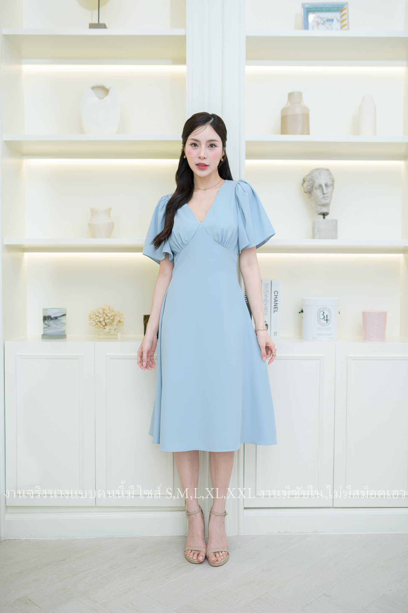 ชุดราตรี ชุดออกงาน ชุดไปงานแต่งงาน เดรสสั้นแขนระบาย กระโปรงคลุมเข่า แนวเรียบหรู สวยดูดี ใส่ได้ทั้งงานกลางวัน/งานกลางคืน : สี ขาว/ฟ้า/ชมพู