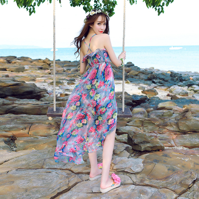 ชุดเที่ยวทะเลลายดอกไม้สีเทา สายเดี่ยว ผ้าชีฟองสวยพริ้ว ใส่สบาย