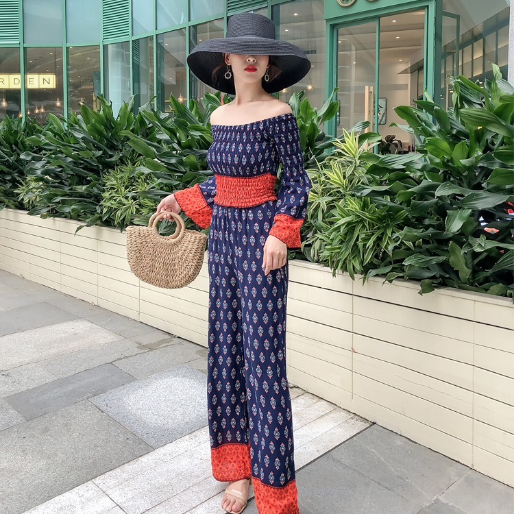 ชุดไปเที่ยวทะเล ชุดเซ็ท 2 ชิ้น สีน้ำเงินลายโบฮีเมียน สวยๆ สุดเก๋