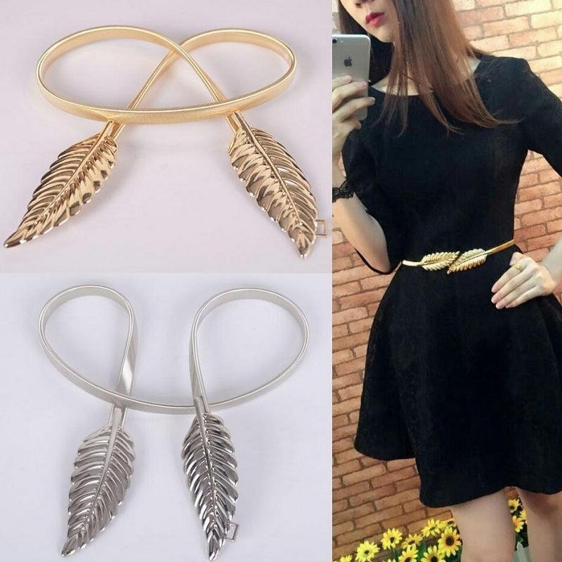 เข็มขัดออกงานสีทอง หัวใบไม้ เรียบหรู