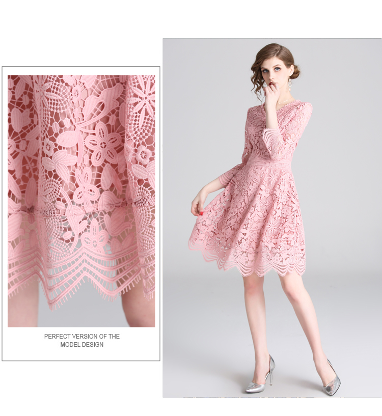 ชุดเดรสลูกไม้สีชมพู แนวเรียบร้อย สวยหวาน เรียบหรูดูแพง ดูสุภาพ