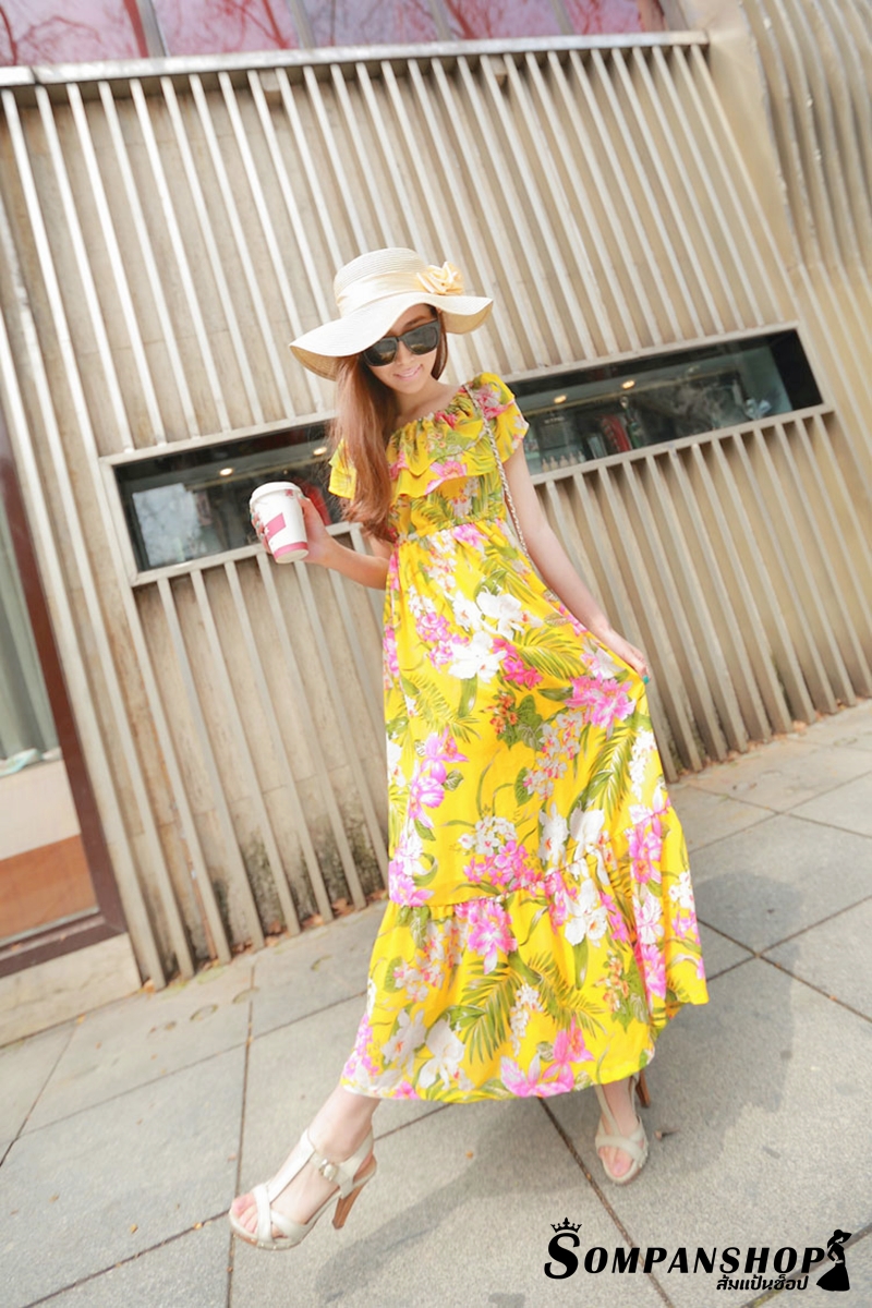 ชุดเดรสเที่ยวทะเลลายดอกไม้สีเหลือง เปิดไหล่แต่งระบาย เอวยืด กระโปรงยาวทรงบาน
