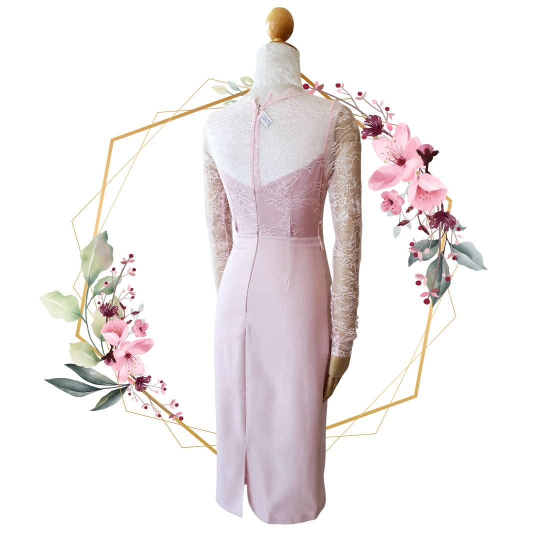 ชุดเดรสออกงานสีชมพู ลูกไม้ทรงเข้ารูป เรียบหรู สวย ดูดี ใส่เป็น ชุดราตรี ชุดออกงาน ชุดไปงานแต่งงานกลางวัน กลางคืน