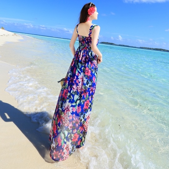 พร้อมส่ง !! ชุดใส่เที่ยวทะเล เดรสยาวลายดอกไม้สีน้ำเงิน ผ้าชีฟอง แฟชั่นชุดใส่เที่ยวทะเล ไอเดียชุดแต่งตัวไปเที่ยวทะเล ใครมีแพลนไปทะเลแต่ยังไม่ได้หาชุดต้องดู !