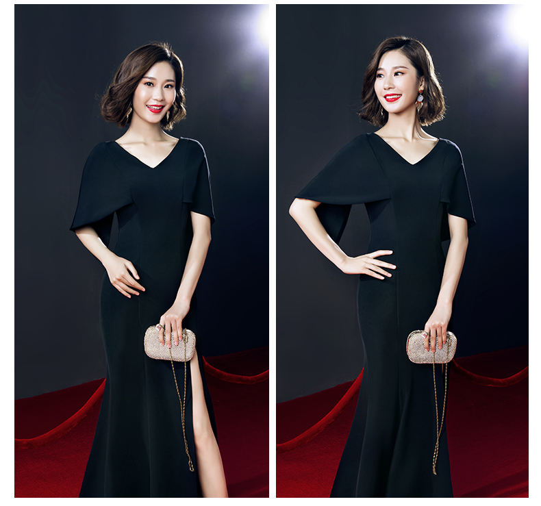 ชุดราตรี ชุดออกงาน ชุดไปงานแต่งงานสีดำ แขนทรงปีกค้างคาว กระโปรงยาวผ่าหน้า แนวเรียบหรู สวยหรูดูแพง