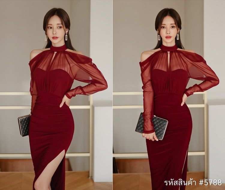 ชุดเดรสยาวออกงานสีแดง แขนยาว ทรงเข้ารูป แนวเรียบหรู สวยสง่า ใส่ดูดี ใส่ออกงานราตรี ไปงานแต่งงานได้ทั้งงานกลางวัน กลางคืน