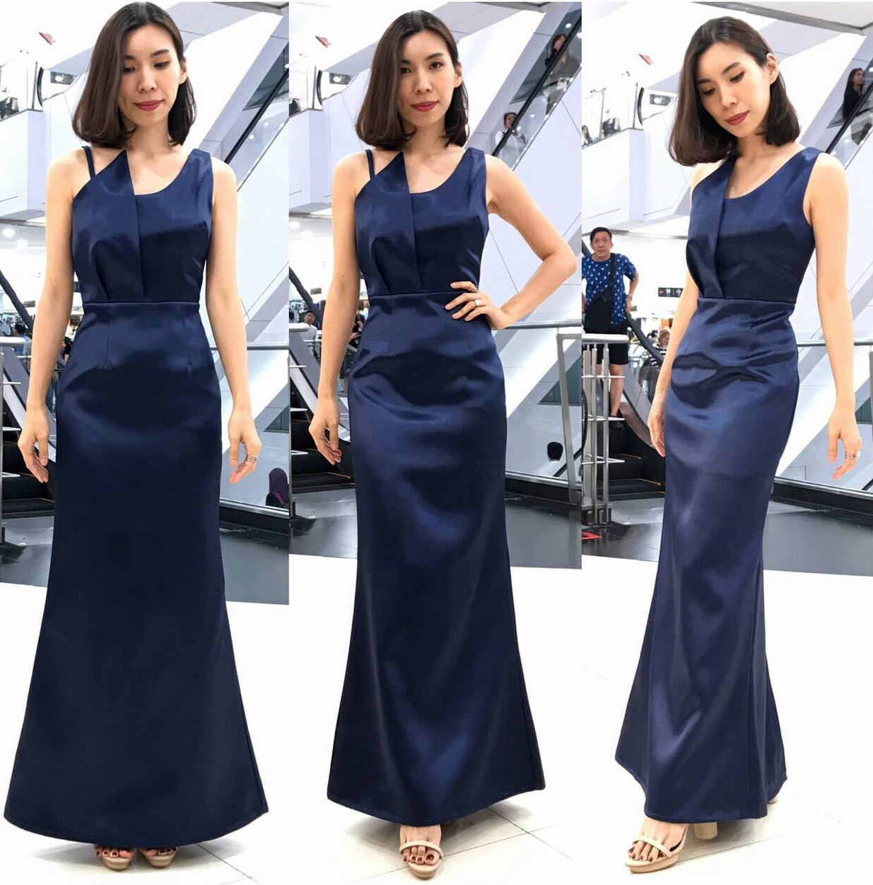 ชุดออกงานราตรียาวสีน้ำเงินกรมท่า คอเหลี่ยมแฉก สายเดี่ยว แขนกุด กระโปรงยาวทรงหางปลา