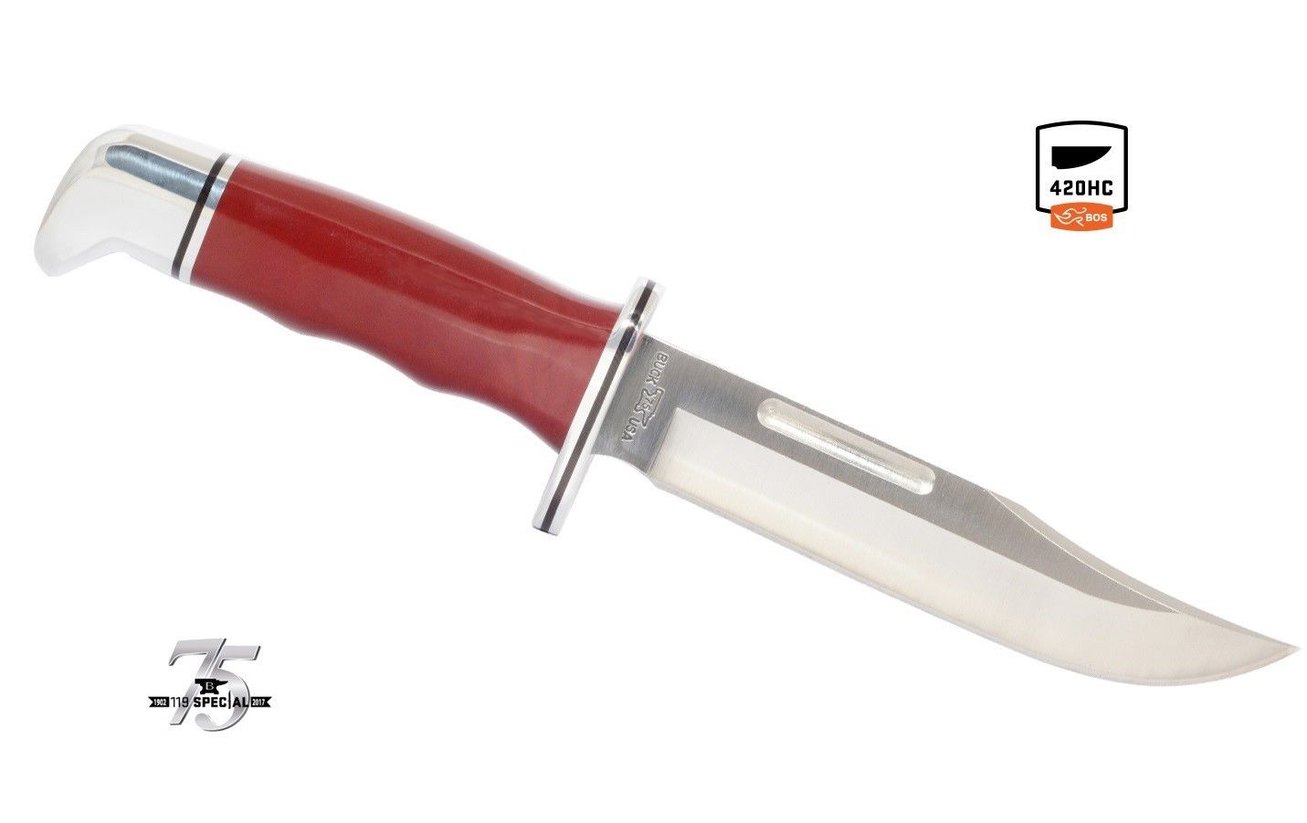 Buck Knives 119 Special Red Phenolic Fixed Blade Knife 75th Anniversary Tang