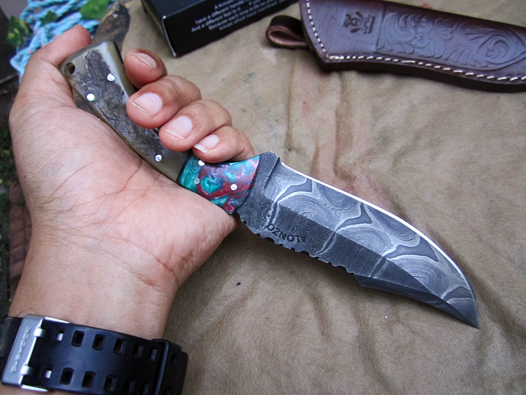 มีด ALONZO KNIVES USA CUSTOM HANDMADE DAMASCUS TACTICAL HUNTING KNIFE RAM HORN