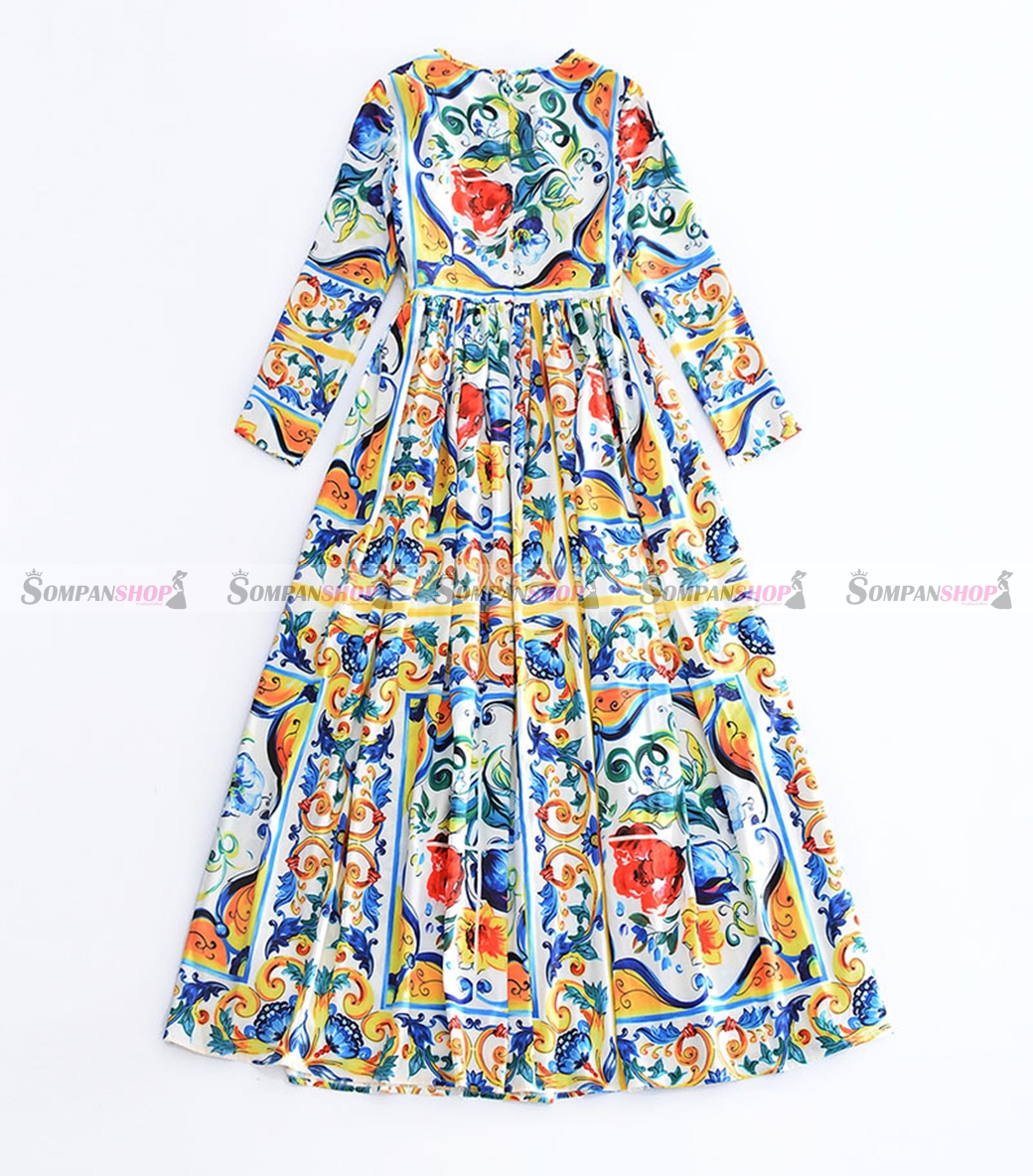 ชุดเดรสยาวพิมพ์ลายสวยเก๋ คอกลม แขนยาว กระโปรงยาวทรงปล่อย