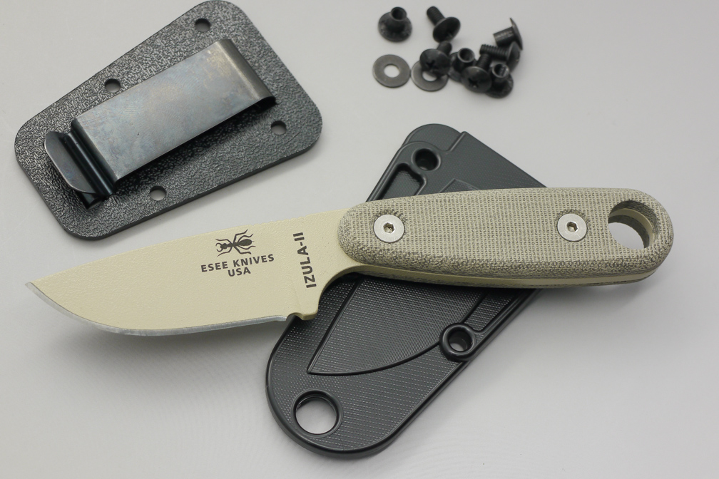 ESEE Knives: IZULA-II-DT Fixed Blade Neck Knife with Desert Tan Blade & Green Canvas Micarta Handle Scales