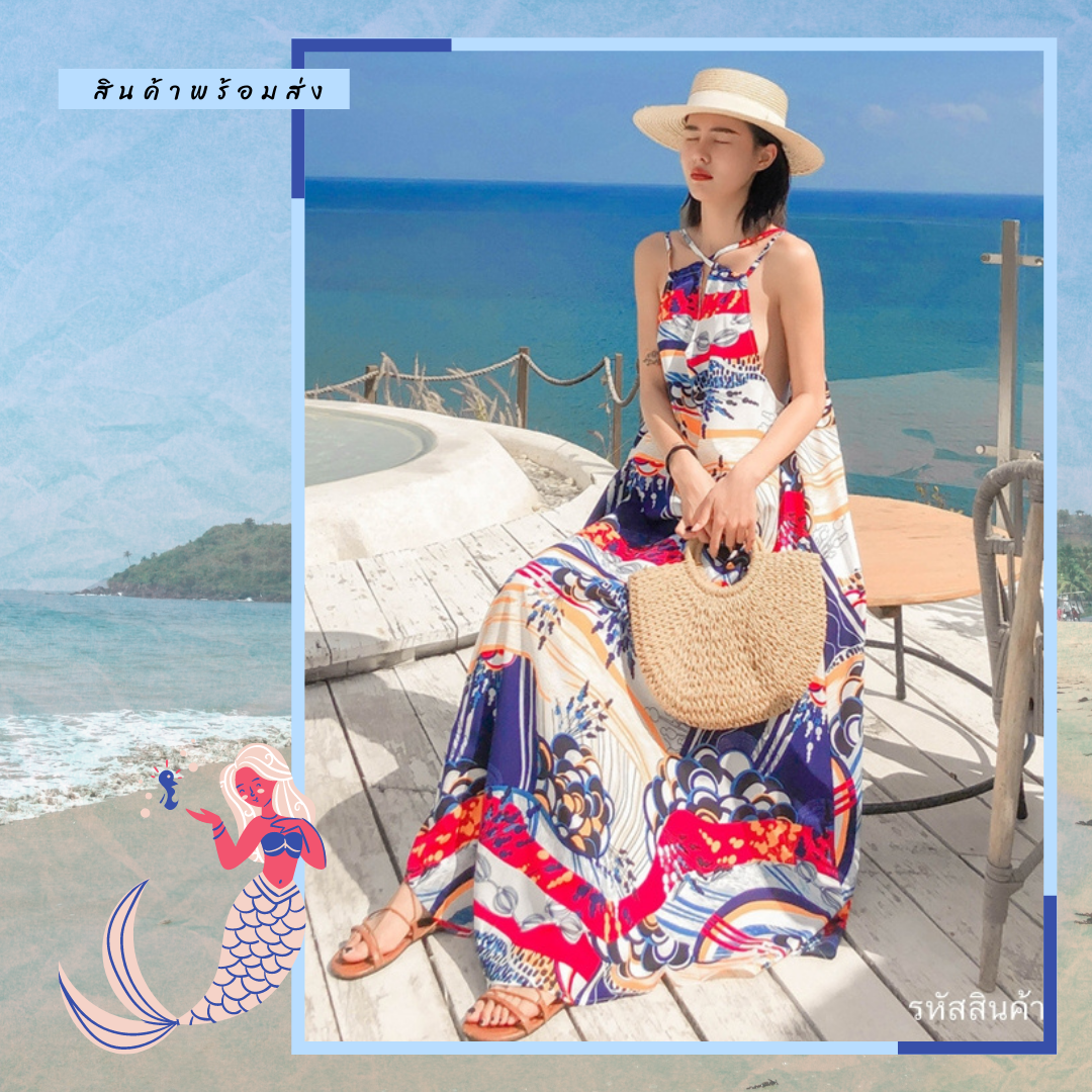 ชุดเที่ยวทะเล แม็กซี่เดรสยาวสีลายโบฮีเมียน ใส่เดินเล่นริมทะเล ใส่ถ่ายรูปสวยๆ พร้อมส่ง มีบริการเก็บเงินปลายทาง
