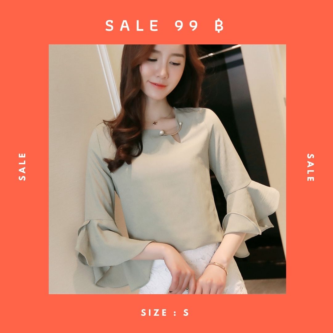 เสื้อเชิ้ตผู้หญิงทำงานสีเขียว แขนยาวแต่งระบาย ผ้าชีฟอง