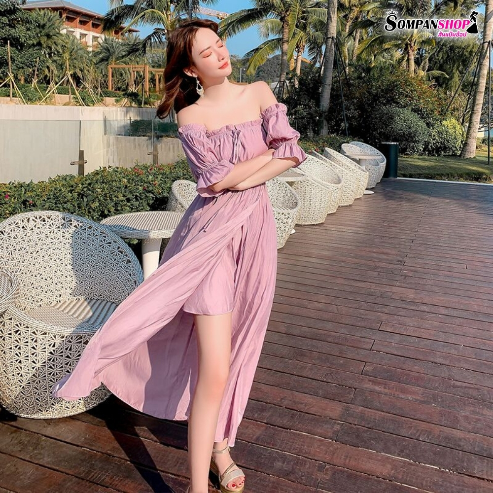 แม็กซี่เดรสยาวสีม่วง เปิดไหล่ แฟชั่นชุดไปทะเล ชุดเที่ยวทะเล ชุดใส่เริมชายหาด ถ่ายรูปสวย