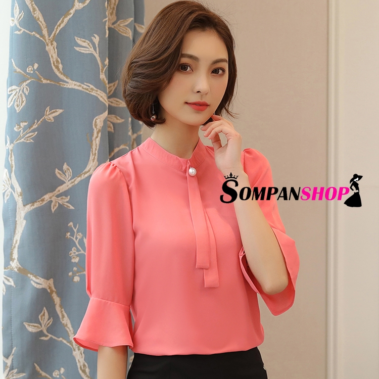 เสื้อเชิ้ตผู้หญิงสีส้มพีท แขนสี่ส่วน ผ้าชีฟอง ลุคเรียบร้อย สวยๆ สไตล์สาวออฟฟิศ