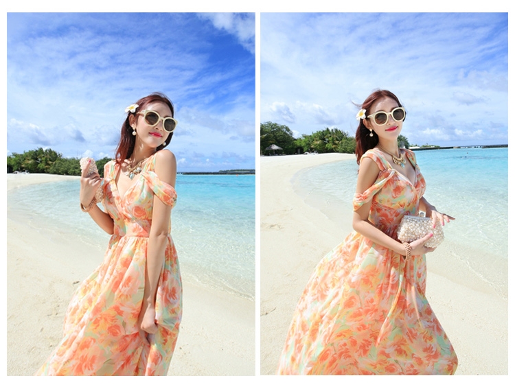 ชุดเดรสเที่ยวทะเลลายดอกไม้โทนสีเขียวส้ม เว้าไหล่ คอวีลึก เซ็กซี่ กระโปรงยาวทรงบาน