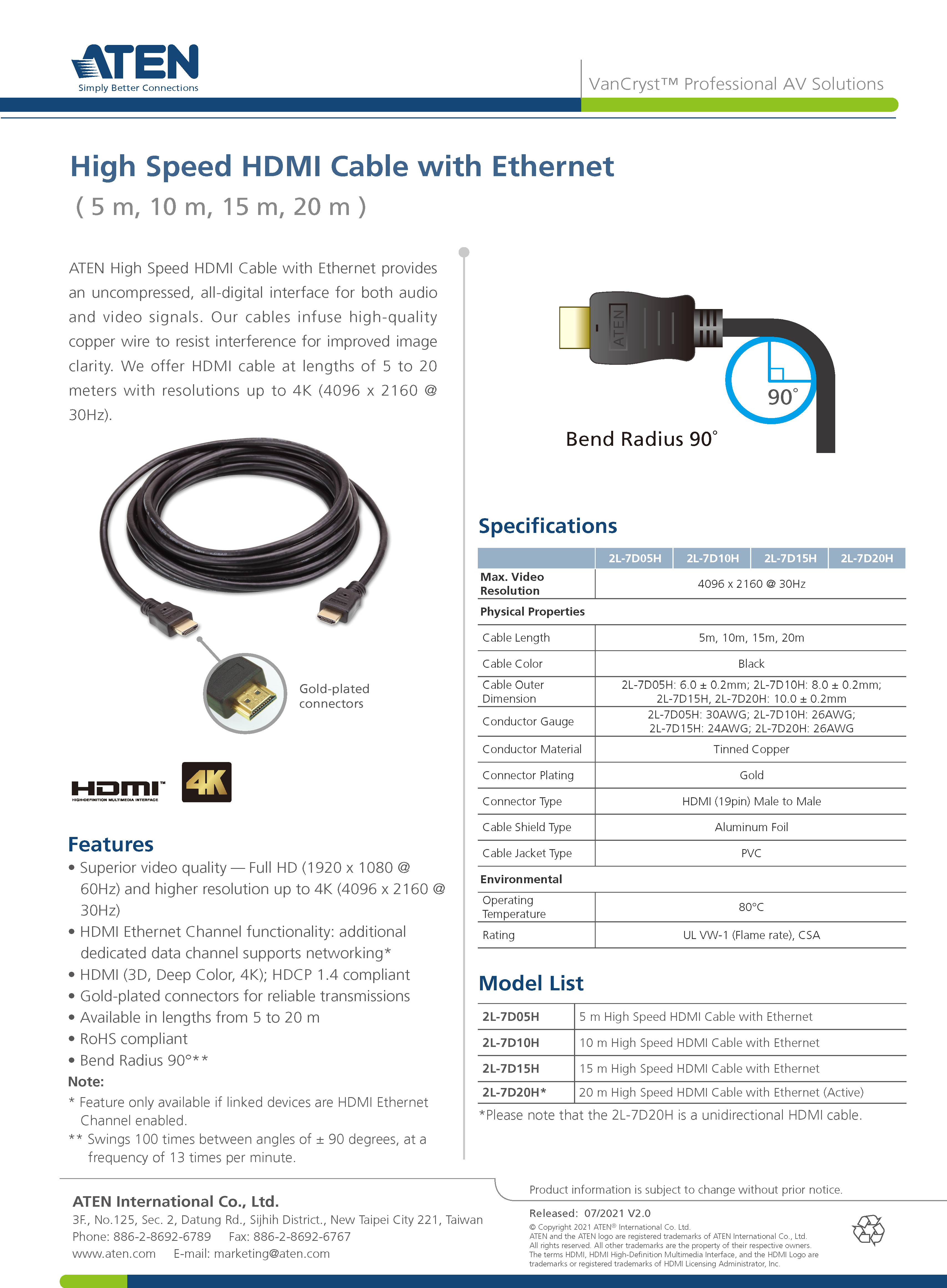 ATEN : 2L-7D05H 5M HDMI1.4 High Speed True 4K HDMI Cable with Ethernet ความยาว 5 เมตร