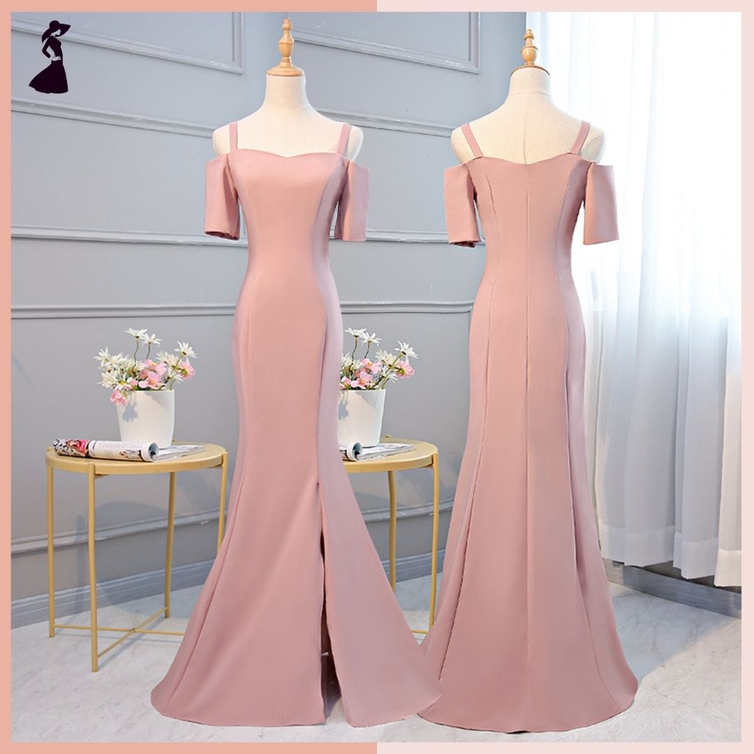 ชุดราตรี ชุดออกงาน ชุดไปงานแต่งงานสีชมพู เดรสยาวทรงสายเดี่ยวเปิดไหล่แขนสามส่วน แนวเรียบหรู สวยหรูดูแพง