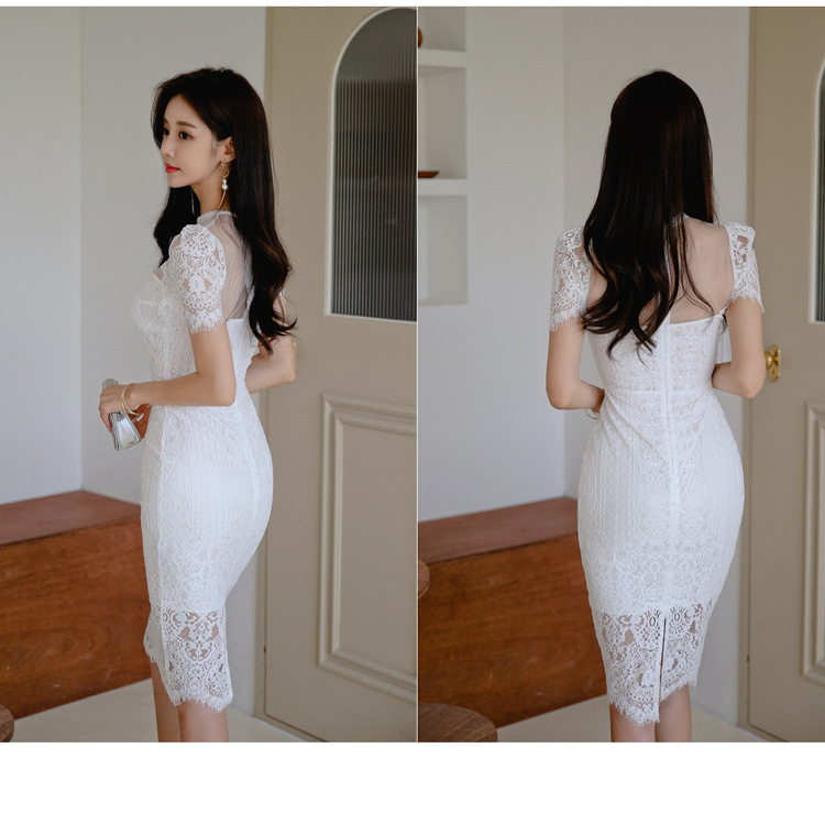 ชุดออกงานสีขาว ผ้าลูกไม้ ทรงเข้ารูป แบบสวยเรียบหรูดูดี ใส่เป็นชุดออกงาน ชุดราตรี ชุดไปงานแต่งงานกลางวัน/งานเลี้ยง