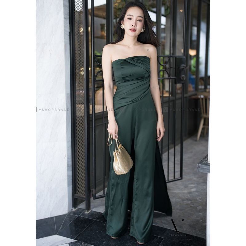 ชุดออกงานยาวสีเขียวมรกต แบบกางเกง เกาะอก กางเกงทรงบาบาน ลุคเรียบหรู สวยดูดีมากๆๆๆ