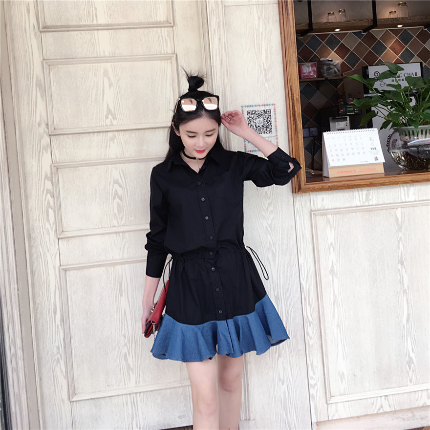 ชุดเดรสสั้นสีดำ คอเชิ้ต แขนยาว สวยๆ น่ารัก แฟชั่นสไตล์เกาหลี