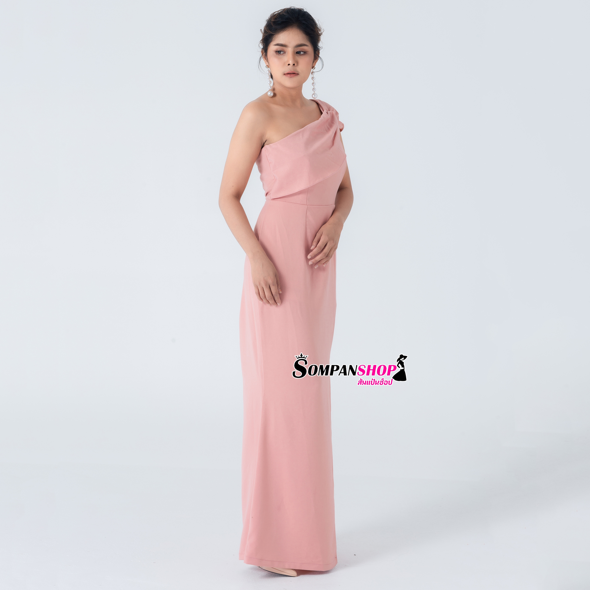 ชุดเดรสยาวออกงาน ไหล่เฉียงข้าง สี : แดง,เทา,ชมพู