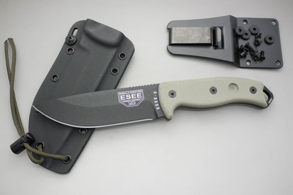 ESEE Knives: ESEE-5P (Glass Breaker) Black Plain Edge Fixed Blade w/ Green Canvas Micarta Handle, Black Kydex Sheath, Clip Plate