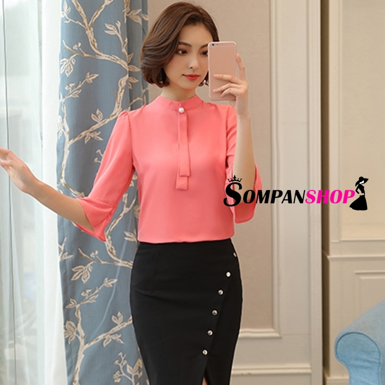 เสื้อเชิ้ตผู้หญิงสีส้มพีท แขนสี่ส่วน ผ้าชีฟอง ลุคเรียบร้อย สวยๆ สไตล์สาวออฟฟิศ