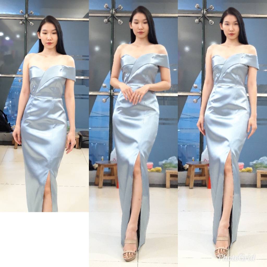 ชุดออกงานราตรียาวสีฟ้า เกาะอกเปิดไหล่ข้างเดียว ผ้าดัชเชสซาติน