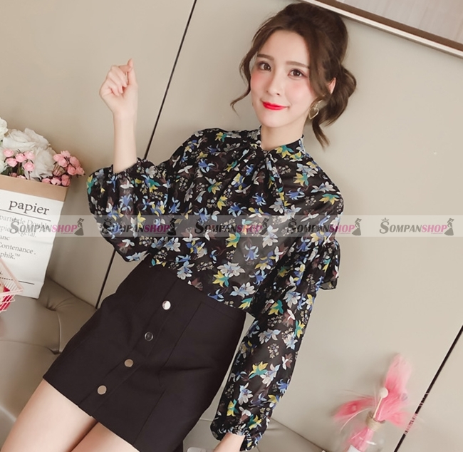 เสื้อเชิ้ตผู้หญิงสีดำ แขนยาว ลายดอกไม้ ผูกโบว์ที่คอเสื้อน่ารัก