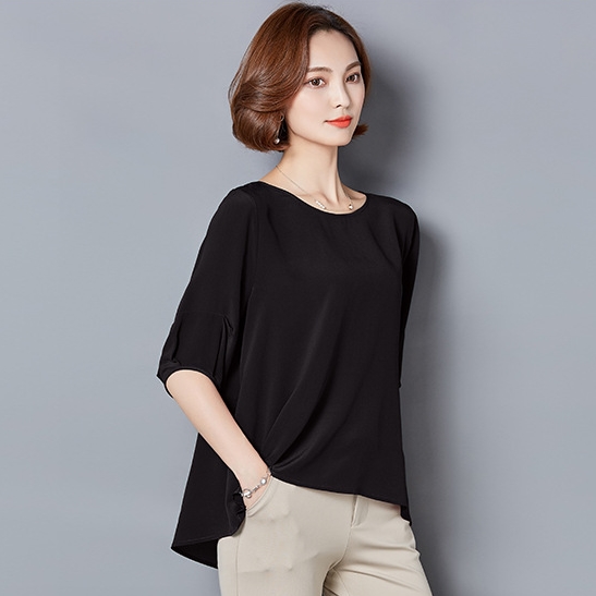 เสื้อเชิ้ตผู้หญิงแฟชั่นสีดำ แขนสั้น ทรงปล่อย