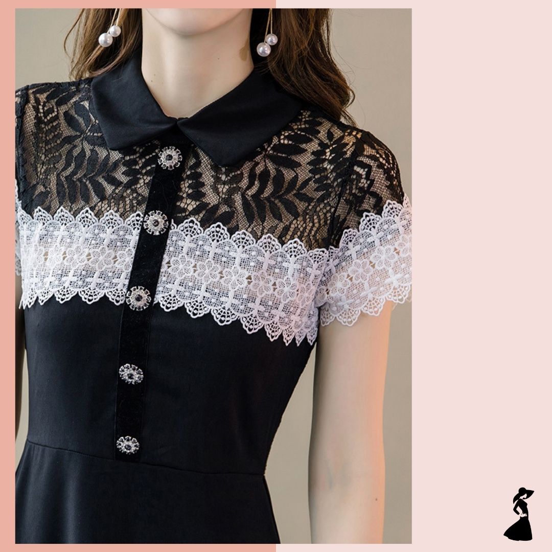 ชุดเดรสสั้นสีดำ แต่งลูกไม้ แนวเรียบร้อย สวยสุภาพ ใส่ทำงาน